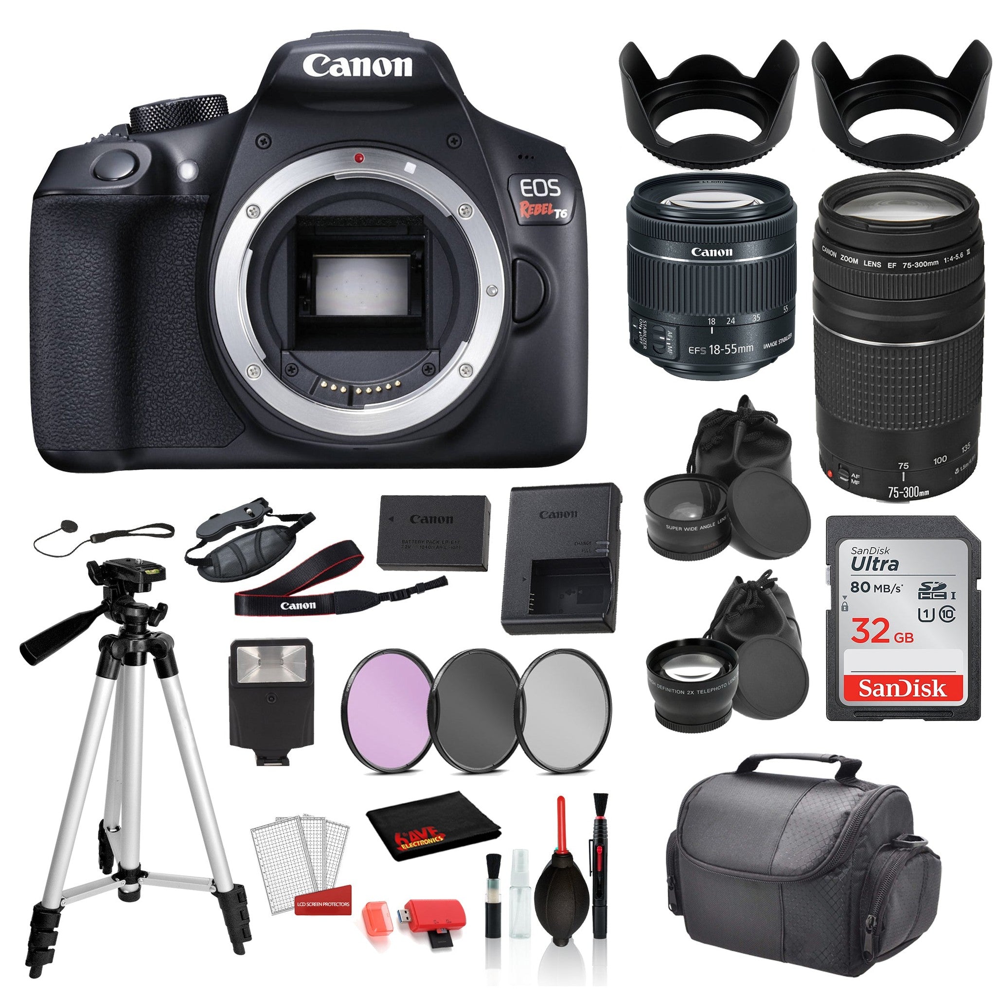 Canon EOS Rebel T6 Digital SLR Camera WITH 18-55mm Lens +EF 75-300mm Lens SanDisk 32gb SD Card + 3PC Filter Kit + MORE
