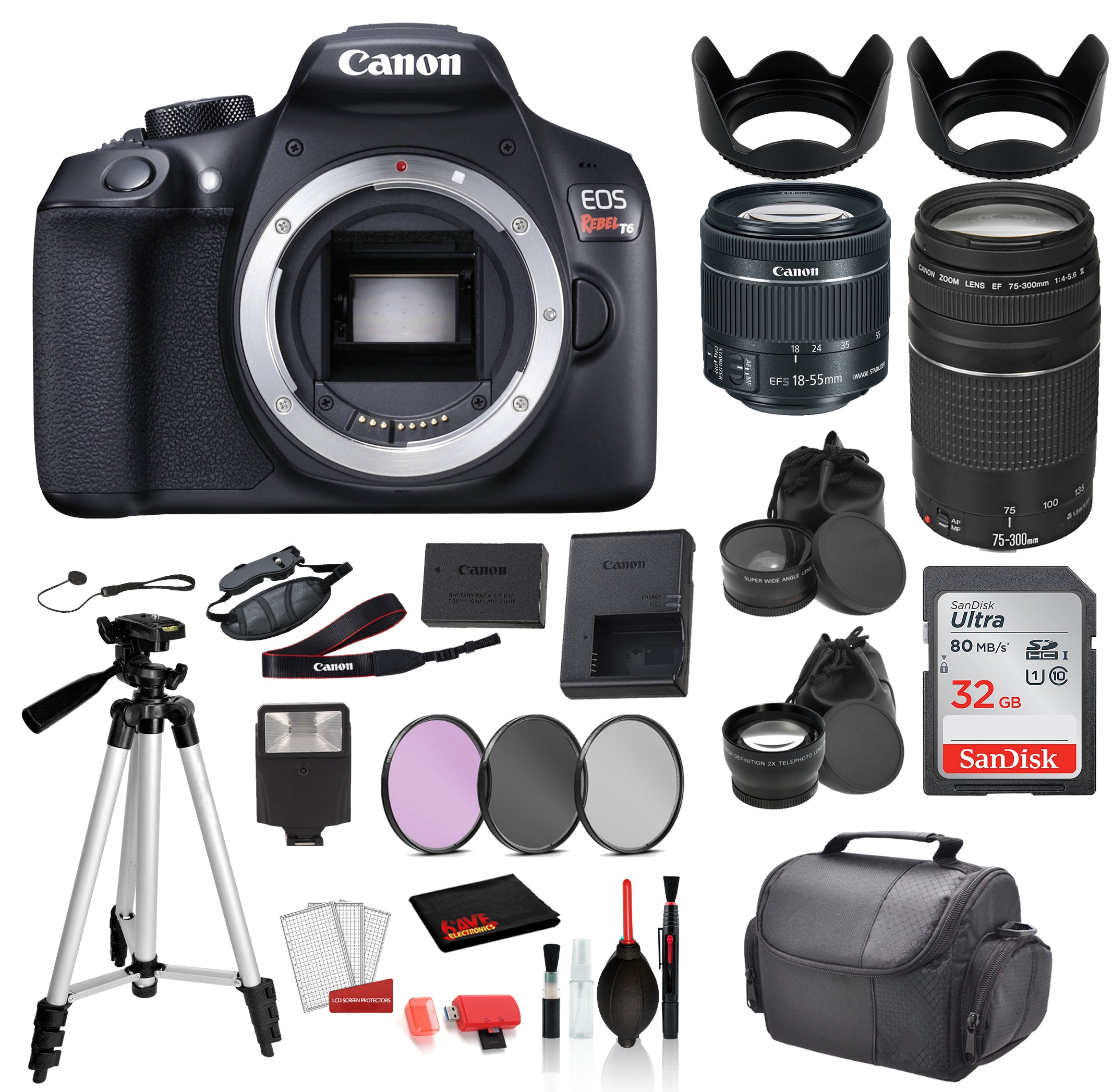 Canon EOS Rebel T6 Digital SLR Camera WITH 18-55mm Lens +EF 75-300mm Lens   SanDisk 32gb SD Card + 3PC Filter Kit + MORE