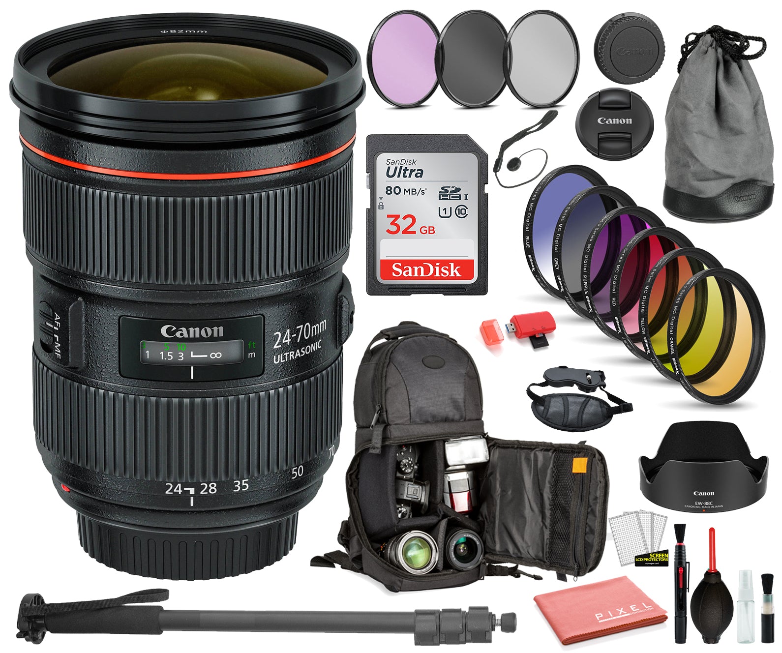 Canon EF 24-70mm f/2.8L II USM Lens (5175B002) Includes: DSLR Sling Backpack, 9PC Filter Kit, Sandisk 64GB SD + More