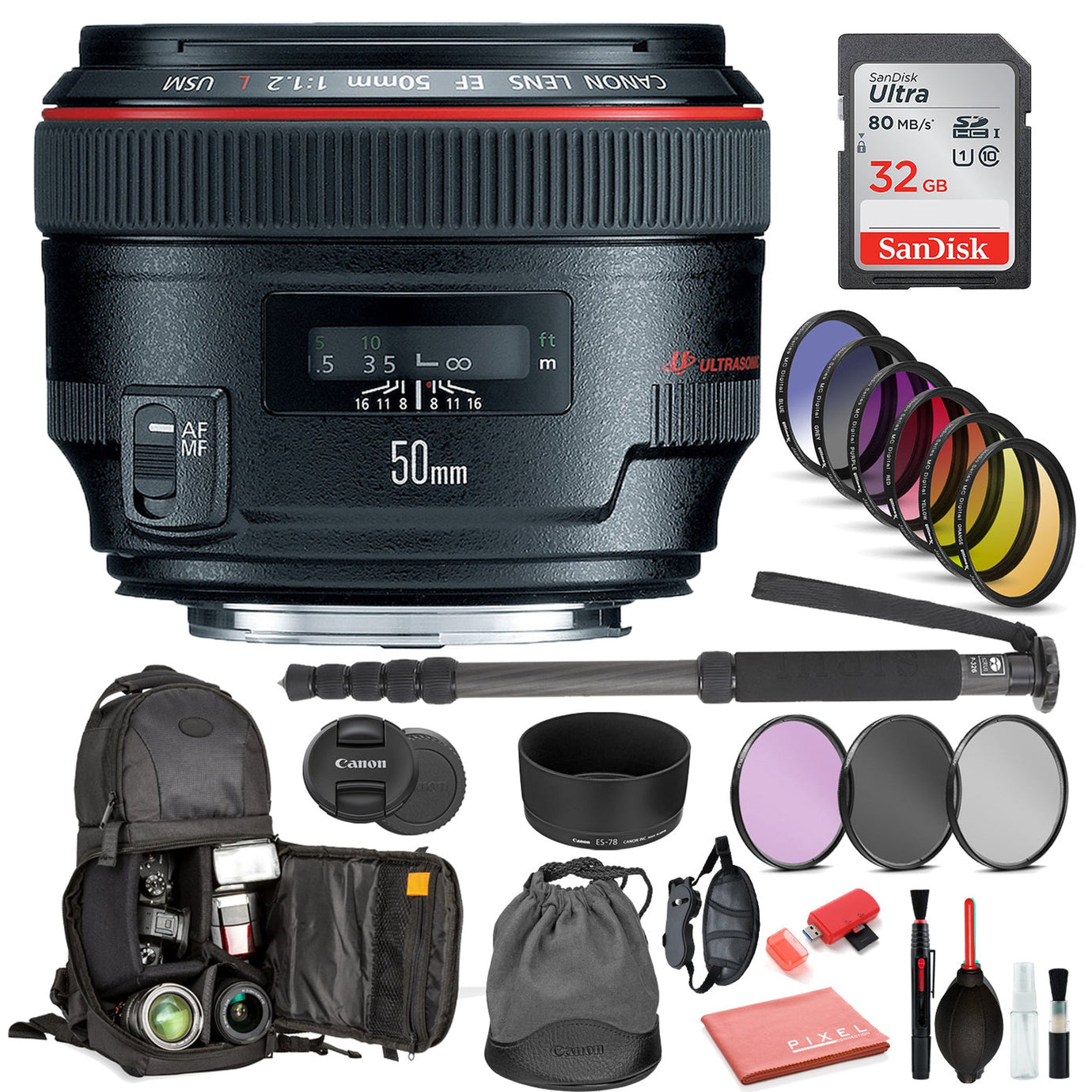 Canon EF 50mm f/1.2L USM Lens 1257B002 Includes: DSLR Sling Backpack, 9PC Filter Kit, Sandisk 32GB SD + More