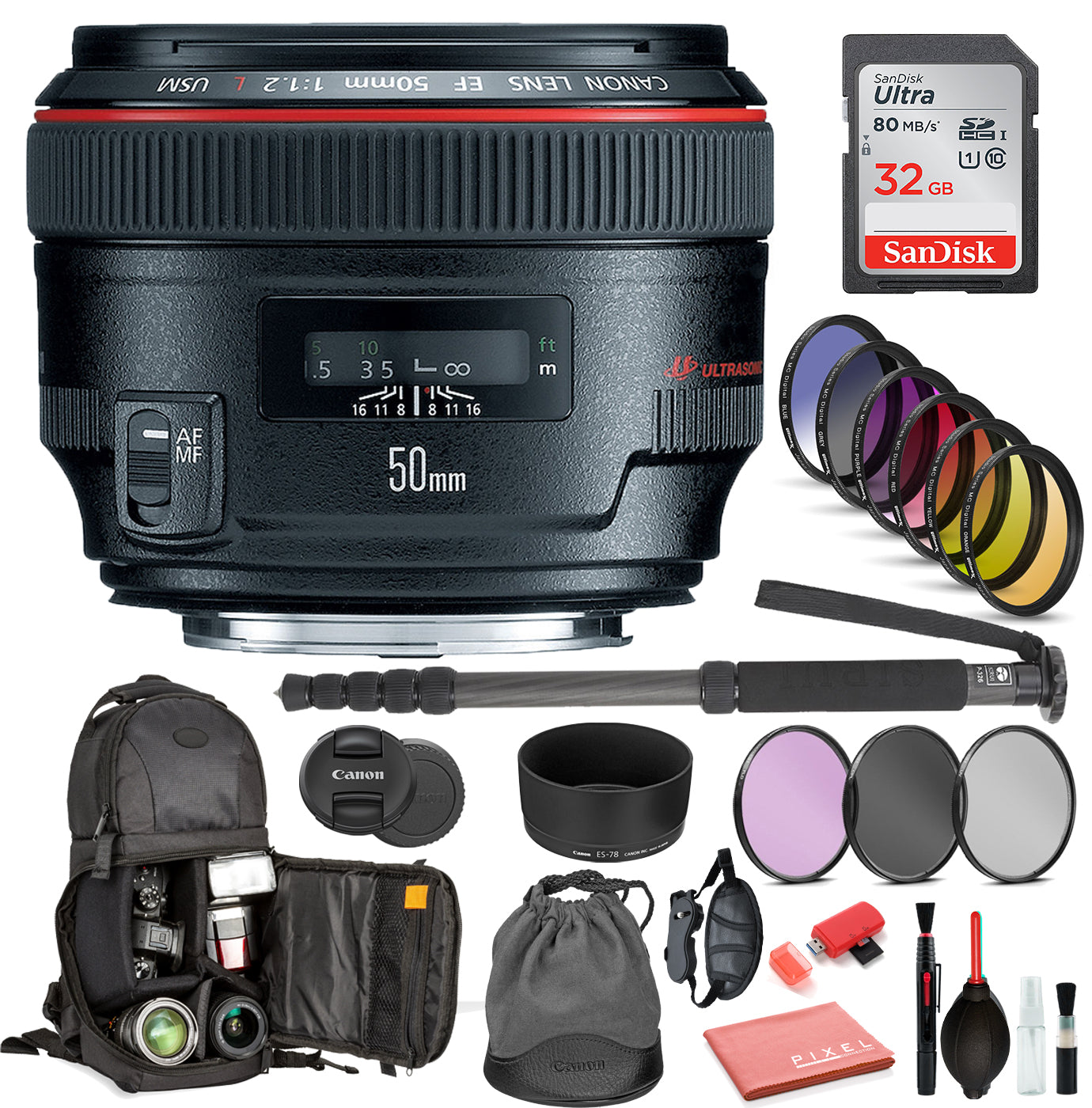 Canon EF 50mm f/1.2L USM Lens  (1257B002) Includes: DSLR Sling Backpack, 9PC Filter Kit, Sandisk 32GB SD + More