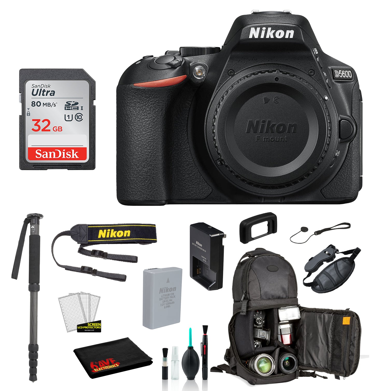 Nikon D5600 DSLR Camera (Body Only)  Bundle – Includes SanDisk32GB SD Card + Sling Backpack + MORE - International Model