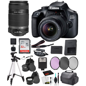 Canon EOS 4000D Rebel T100 EF-S 18-55mm and EF-S 55-250mm Lens Bundle �SanDisk 32gb + Filters + MORE - International CANON