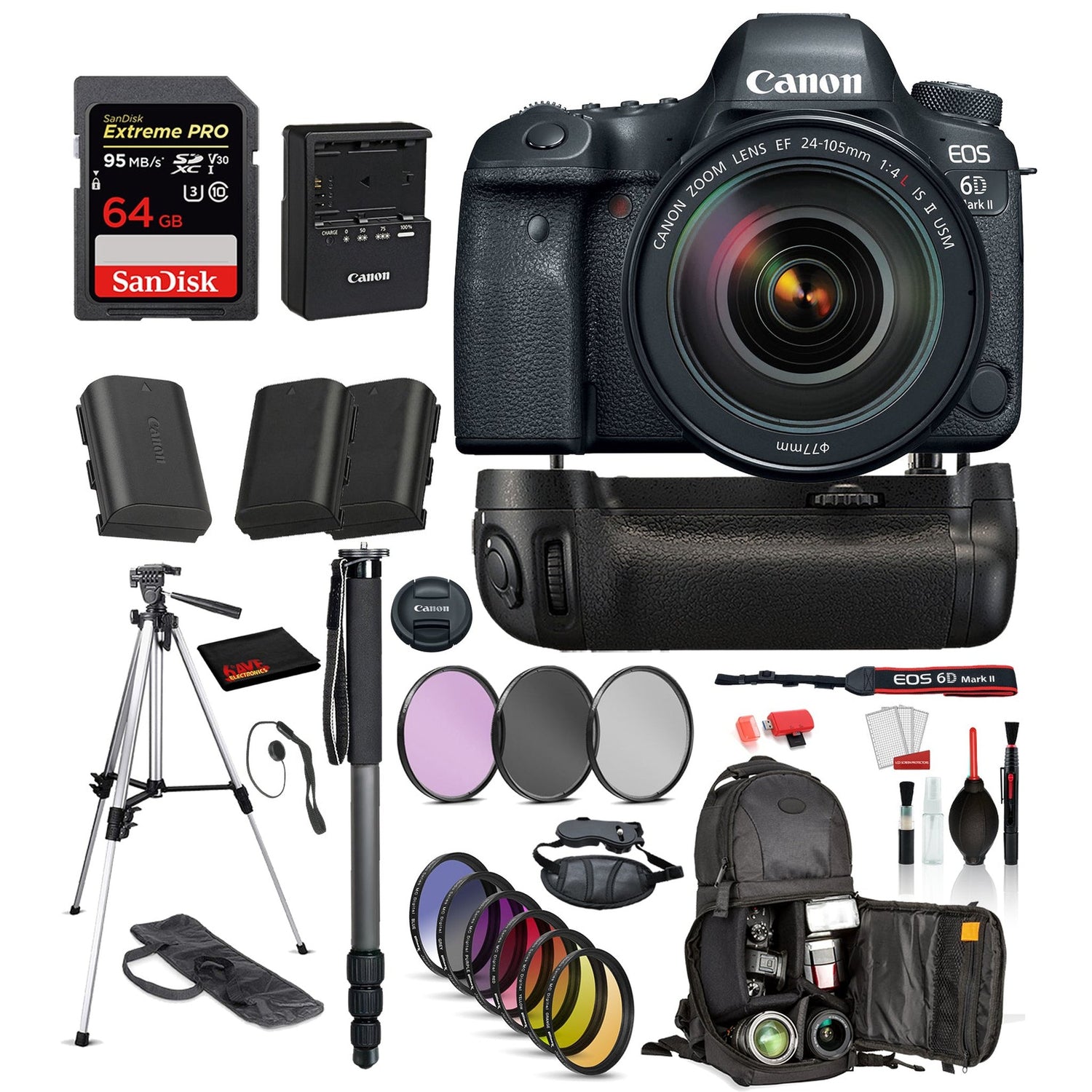 Canon EOS 6D Mark II DSLR Camera with 24-105mm f/4L II Lens ? Battery Grip + SanDisk extreme pro 64gb SD + MORE