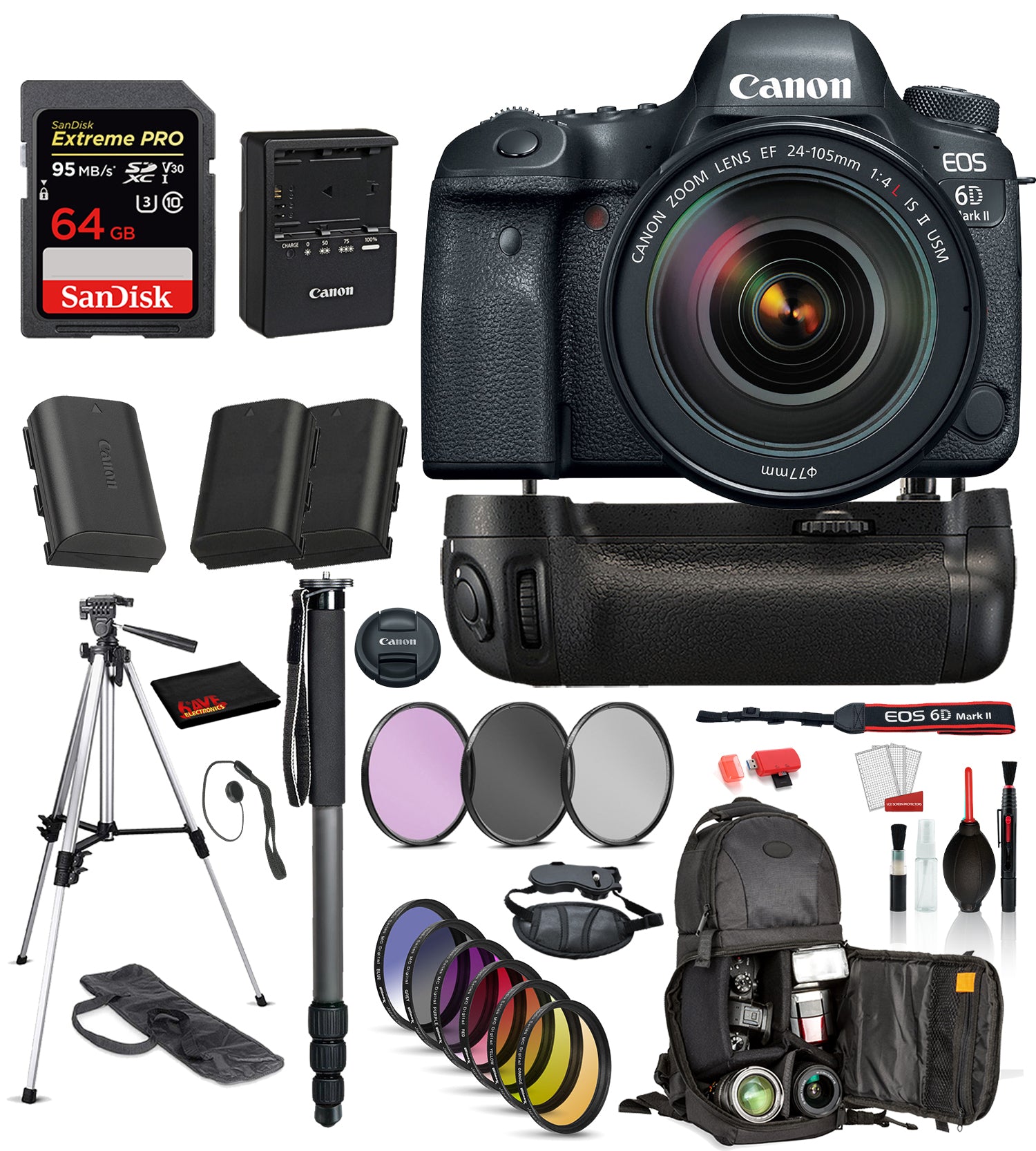 Canon EOS 6D Mark II DSLR Camera with 24-105mm f/4L II Lens ? Battery Grip + SanDisk extreme pro 64gb SD + MORE