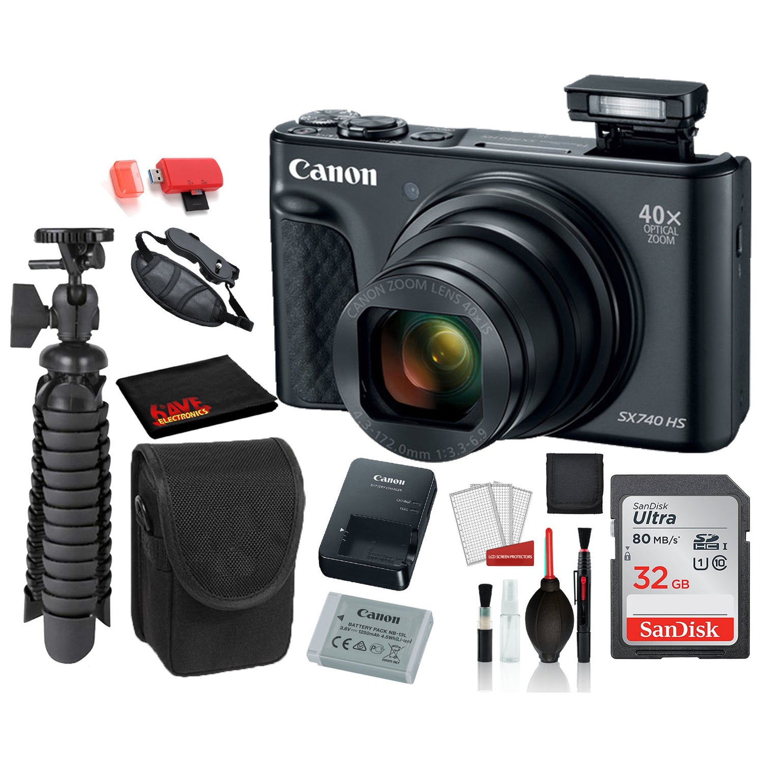 Canon PowerShot SX740 HS Digital Camera (Black) with SanDisk 32gb SD card + Camera Case + 12 Tripod Starter Bundle