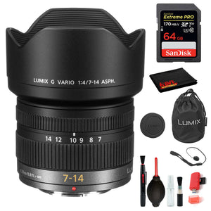 Panasonic Lumix G Vario 7-14mm f/4 ASPH. Lens with Bundle Kit Includes: Sandisk Extreme Pro 64GB SD Card + More Panasonic