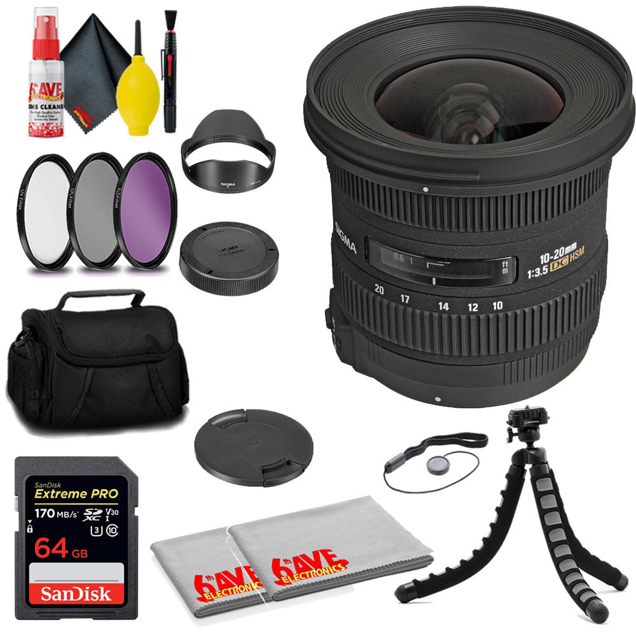 Sigma 10-20mm f/3.5 EX DC HSM Lens for Nikon F + San Disk 64GB Card + MORE Sigma