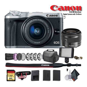 Canon EOS M6 Mirrorless Digital Camera with 15-45mm Lens International Model Silver 1725C011 W/Bag, Extra Battery, Canon