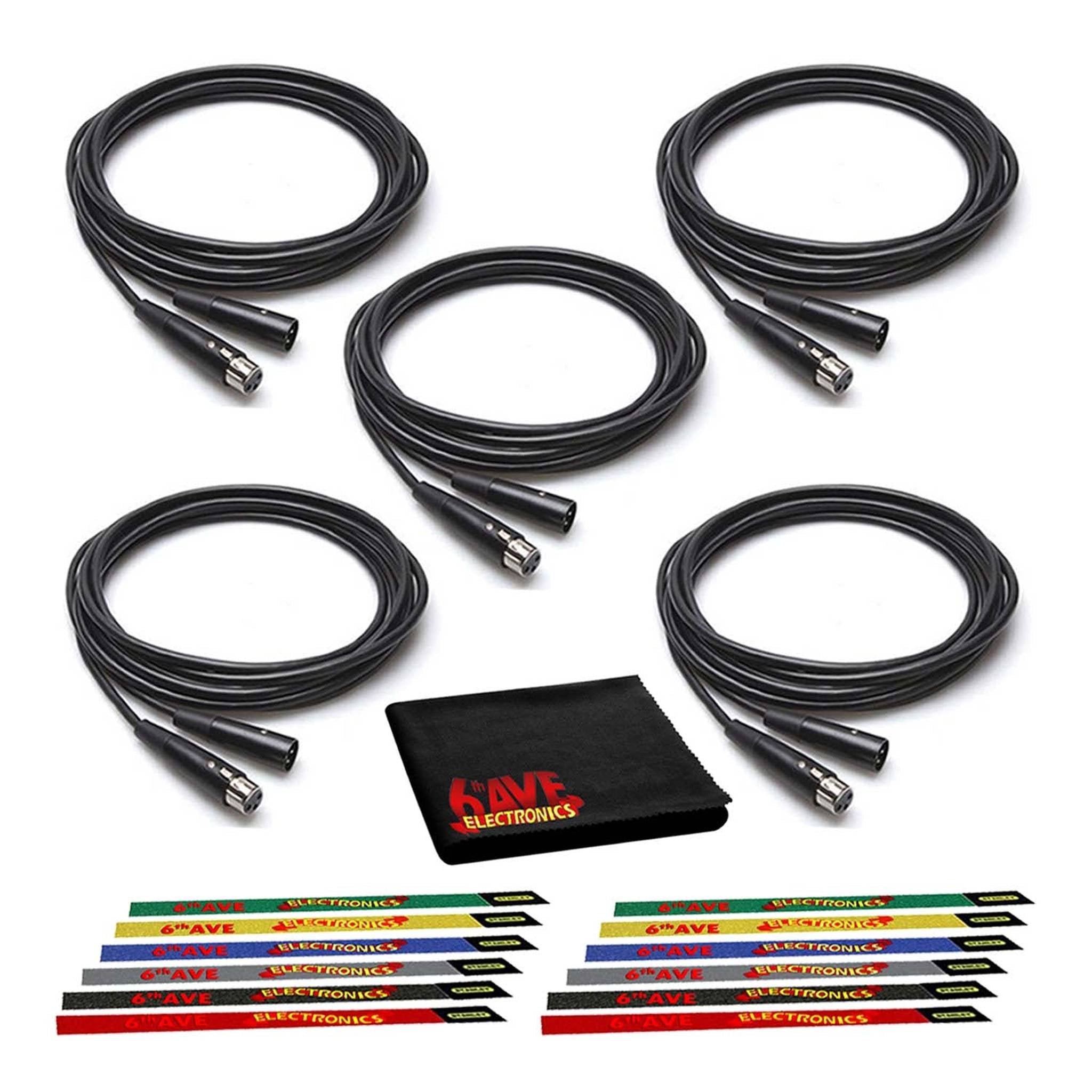 Hosa 10-Foot XLR Cable 5-Pack Bundled with Ten 10 Reusable Velcro Cable Ties and 6Ave Cleaning Cloth Hosa