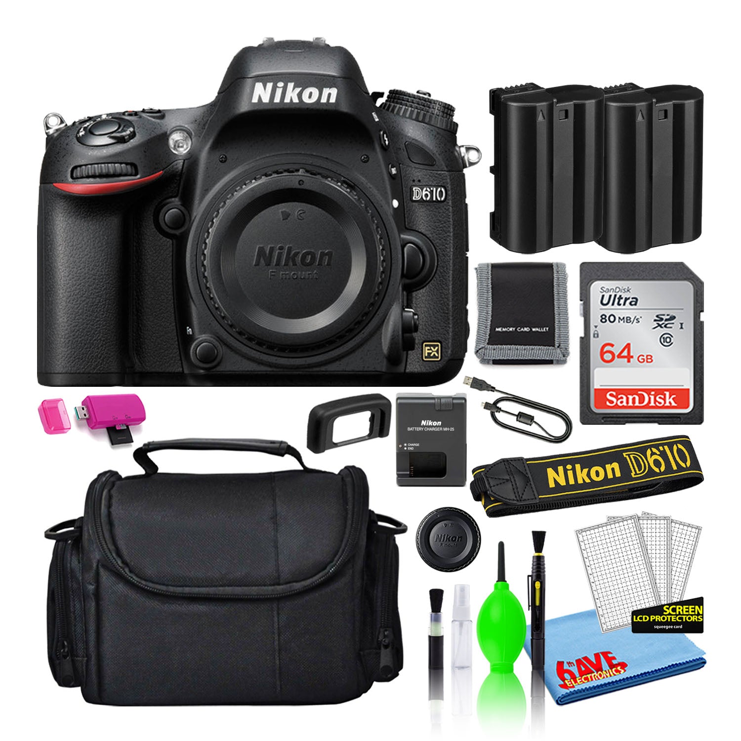 Nikon D610 Digital Camera (Body Only) (1540) + 64GB SD Card + Camera B