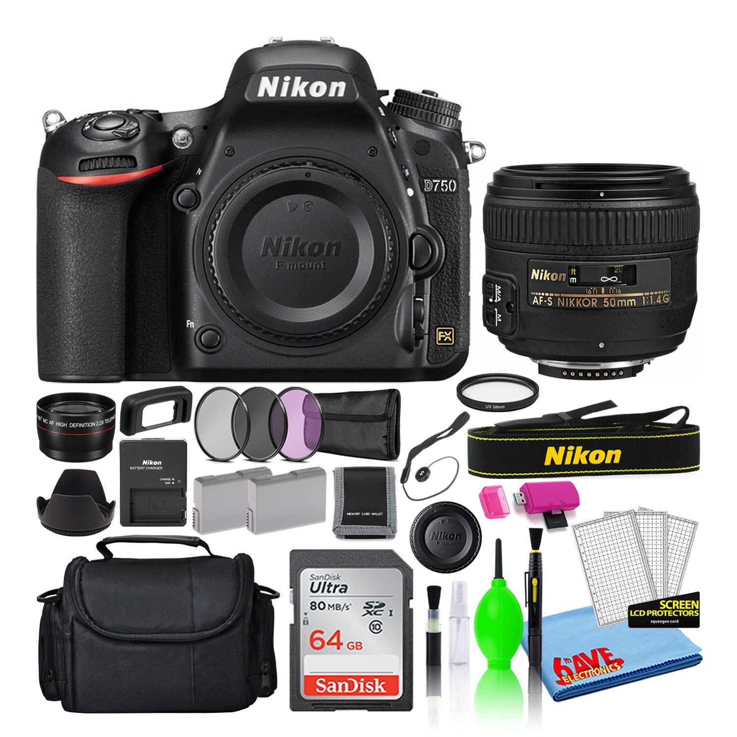 Nikon D750 Digital Camera with 50mm f/1.4G Lens (1543) + 64GB Card + Bag (Intl)