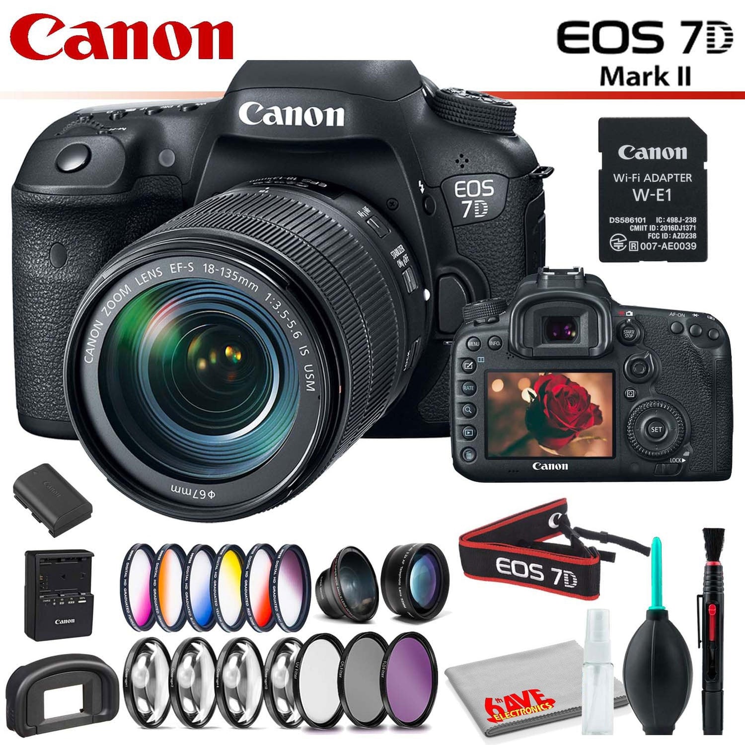 Canon EOS 7D Mark II DSLR Camera (Intl Model) with 18-135mm Lens & W-E1 Wi-Fi Adapter With Filter Kit and Cleaning Kit