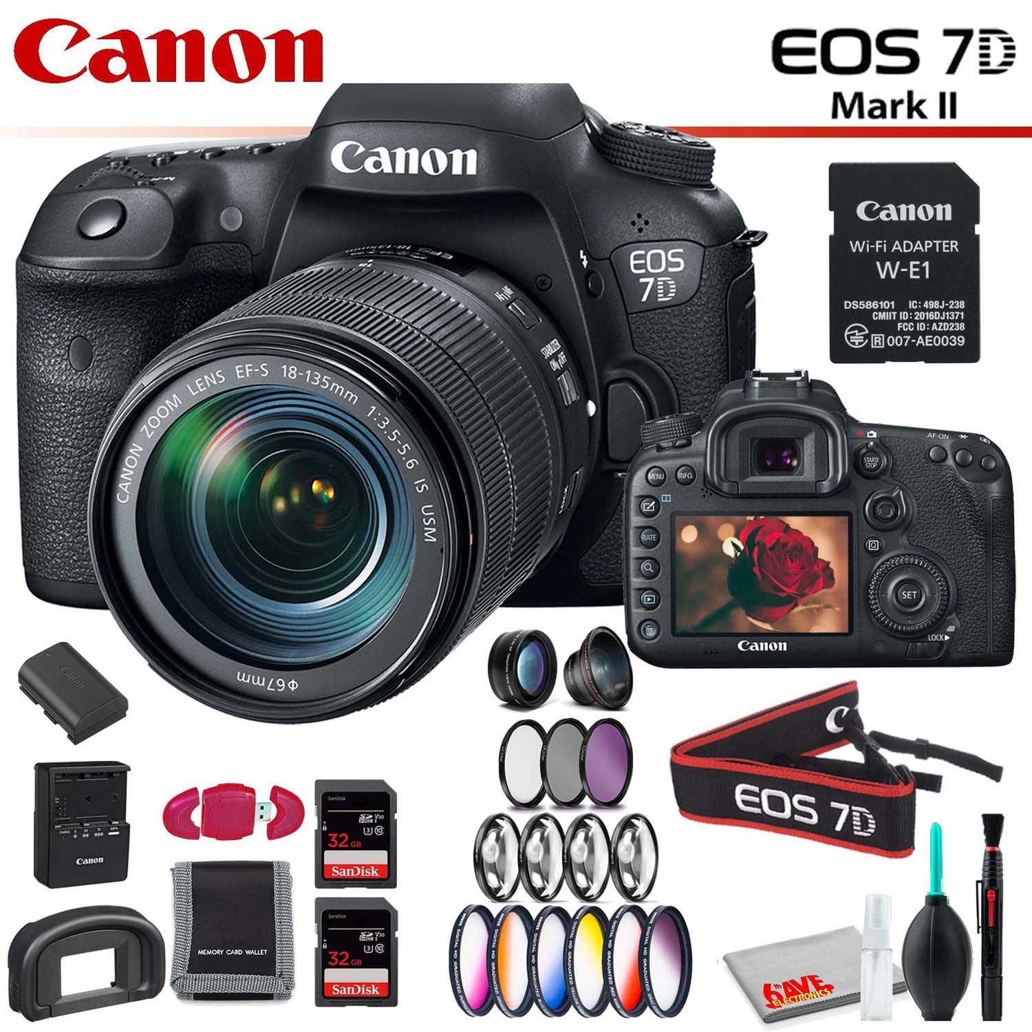 Canon EOS 7D Mark II DSLR Camera with 18-135mm Lens & W-E1 Wi-Fi Adapter With Memory Card Kit, Filter Kit and Cleaning Kit