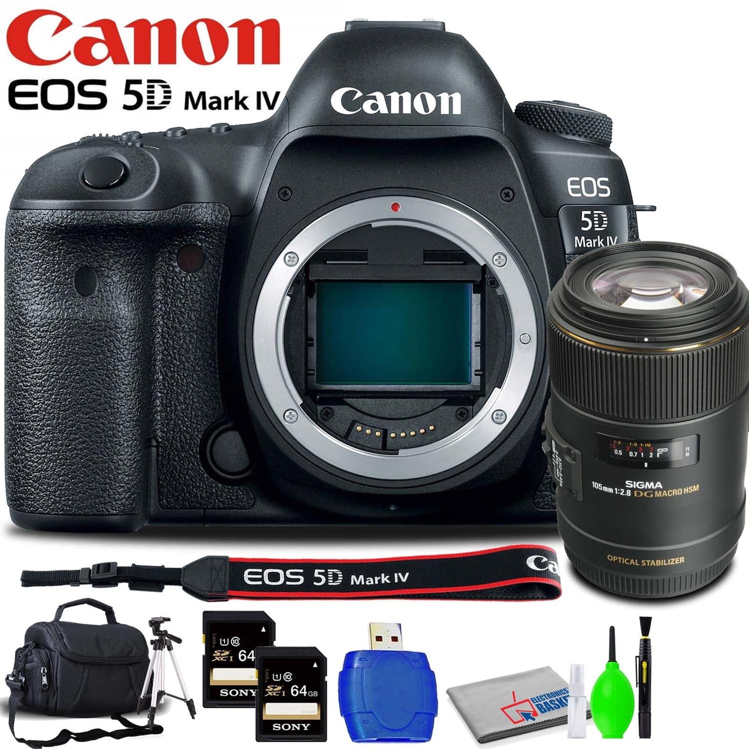Canon EOS 5D Mark IV DSLR Camera (Body Only) Accessory Bundle with Sigma 105mm f/2.8 Lens, Memory Card Kit, Carrying Case