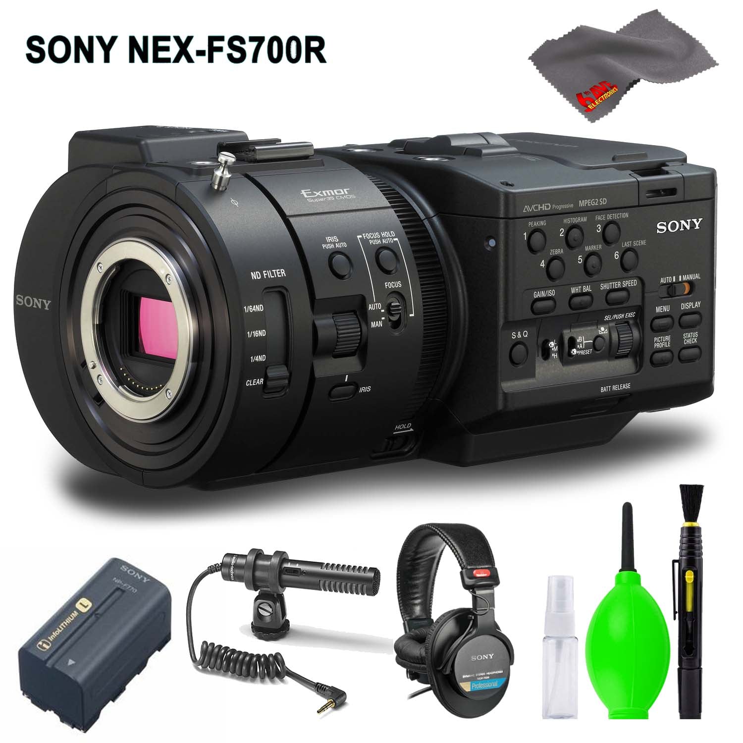 Sony NEX-FS700R Super 35 Camcorder (Body Only) Accessory Bundle with Condenser Mic, Stereo Headphones and Cleaning Kit