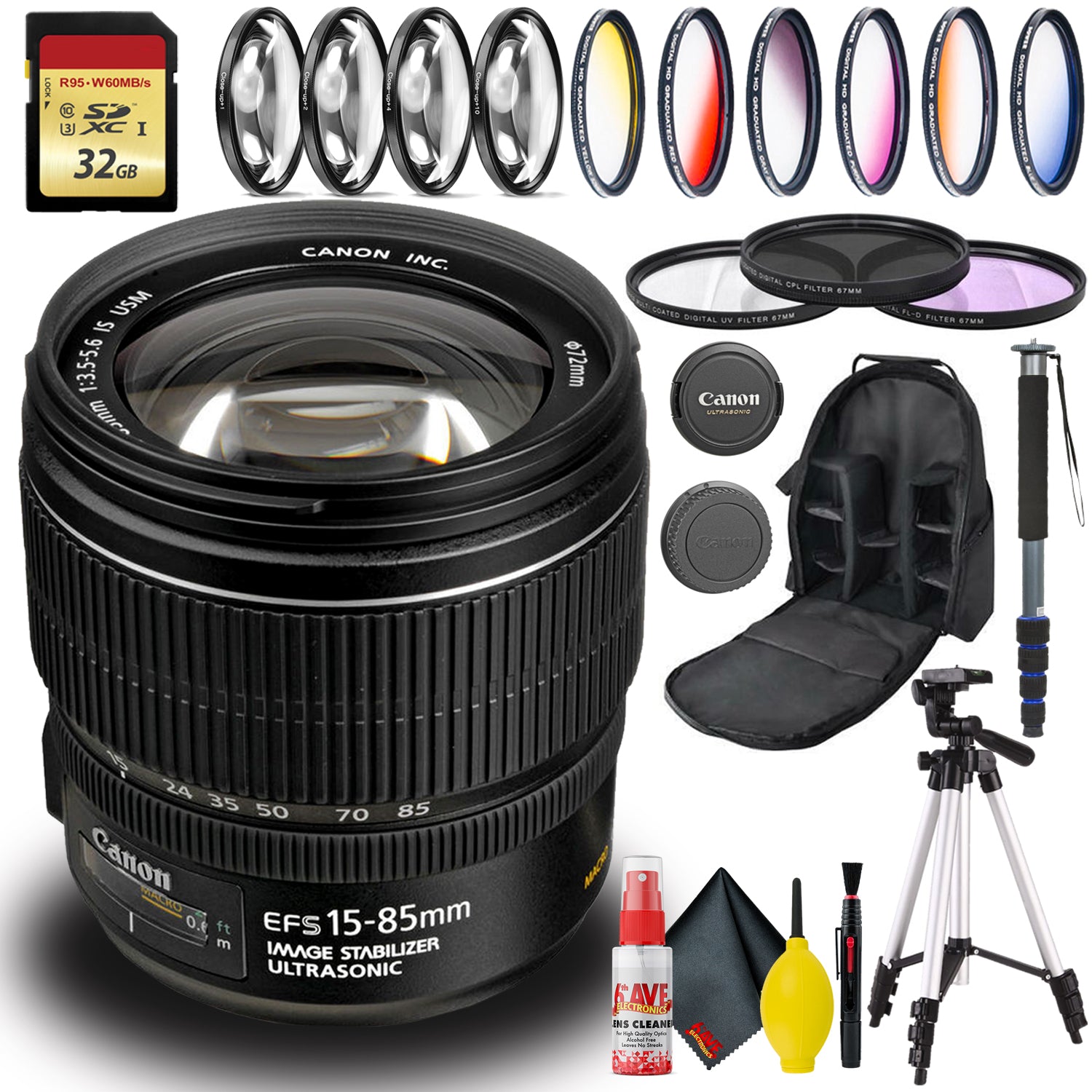 Canon EF-S 15-85mm USM Lens Intl Model Includes Filters, Backpack, and More