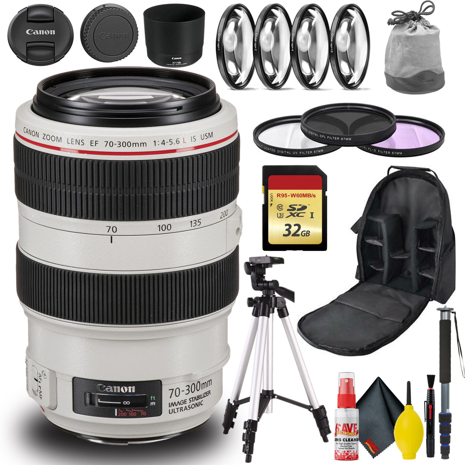 Canon EF 70-300mm f/4-5.6L IS USM Lens Includes 32GB SD, Monopod, Bag,