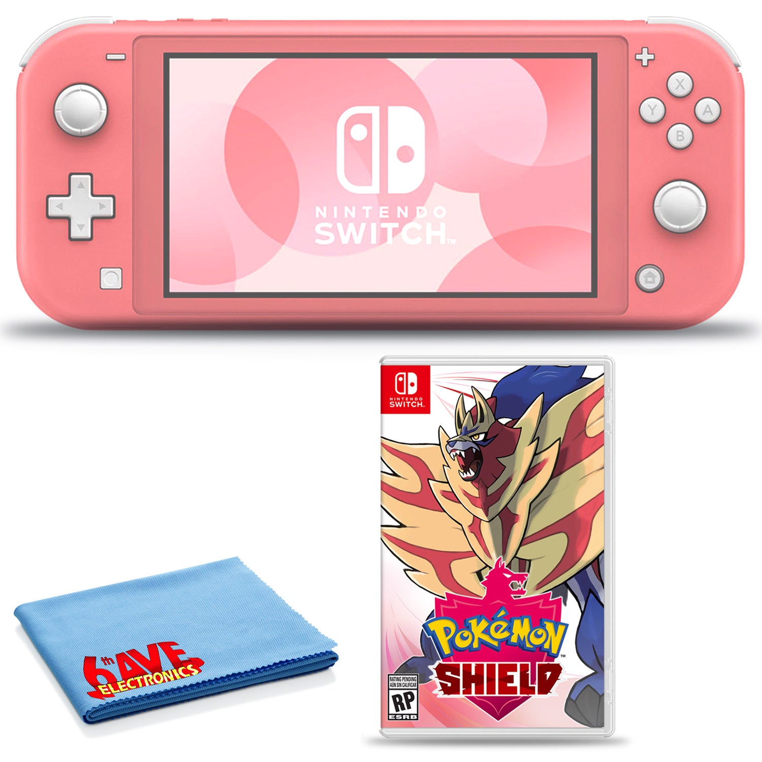 Nintendo Switch Lite (Coral) Bundle with 6Ave Cleaning Cloth and Pokemon Shield