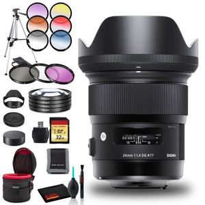 Sigma 24mm f/1.4 DG HSM Art Lens for Canon EF with Cleaning Kit, Tripod, 32GB Memory Kit, Filter Kits, and Padded Case Sigma