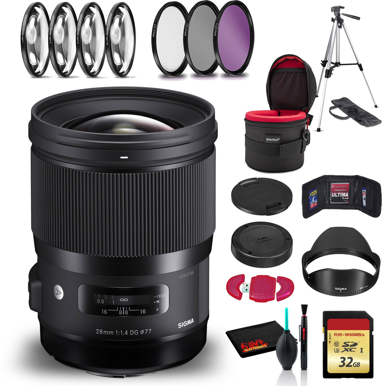 Sigma 28mm f/1.4 DG HSM Art Lens for Canon EF with Cleaning Kit, Full Size Tripod, 32GB Memory Kit, Filter Kit, and Case