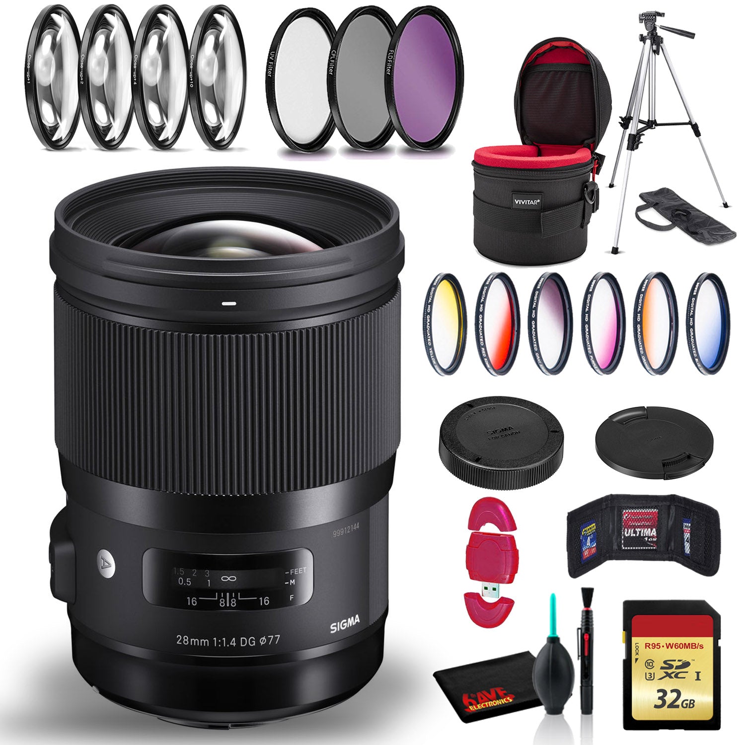 Sigma 28mm f/1.4 DG HSM Art Lens for Canon EF with Cleaning Kit, Full Size Tripod, 32GB Memory Kit, Filter Kit, and Case