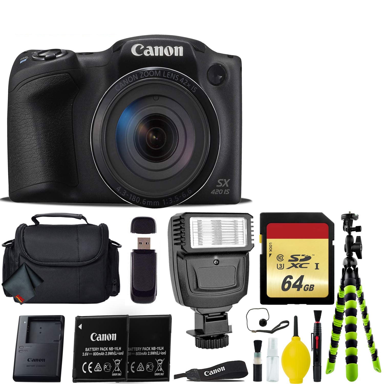 Canon PowerShot SX420 is Digital Point and Shoot Camera + Extra Battery + Digital Flash + Camera Case + 64GB Class 10 Card Professional Bundle
