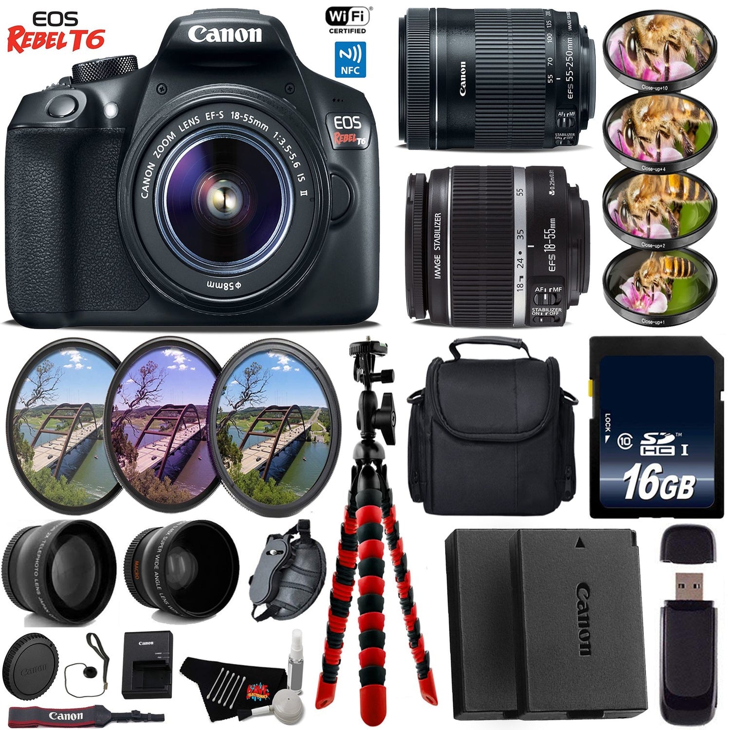 Canon EOS Rebel T6 DSLR Camera + 18-55mm is Lens & 55-250mm is STM Lens + UV FLD CPL Filter Kit + 4 PC Macro Kit Base Bundle