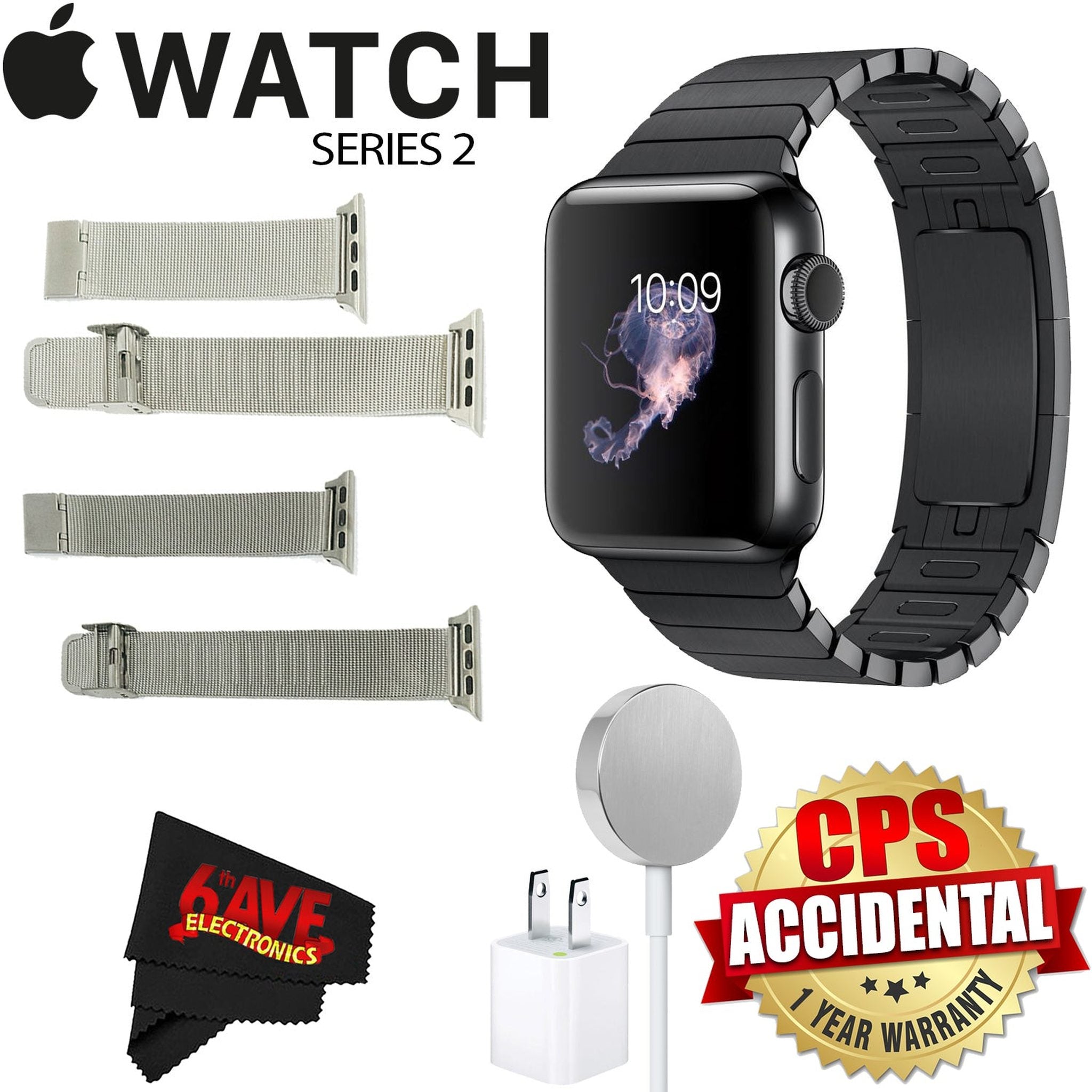 6Ave Apple Watch Series 2 38mm Smartwatch Space Black Stainless Steel Case, Space Black Link Band + Watch Band Silver Mesh 38mm + Watch Band Space Gray Mesh 38mm + MicroFiber Cloth Bundle