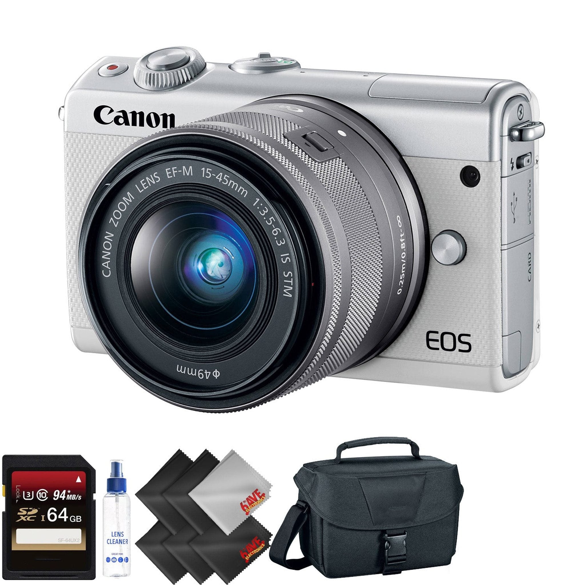 Canon EOS M100 Mirrorless Digital Camera with 15-45mm Lens White + 64GB Memory Card + 1 Year Warranty