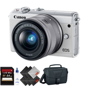 Canon EOS M100 Mirrorless Digital Camera with 15-45mm Lens White + 64GB Memory Card + 1 Year Warranty