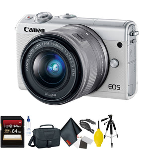 Canon EOS M100 Mirrorless Digital Camera with 15-45mm Lens White + 64GB Memory Card + Mega Accessory Kit + 2 Year Acci