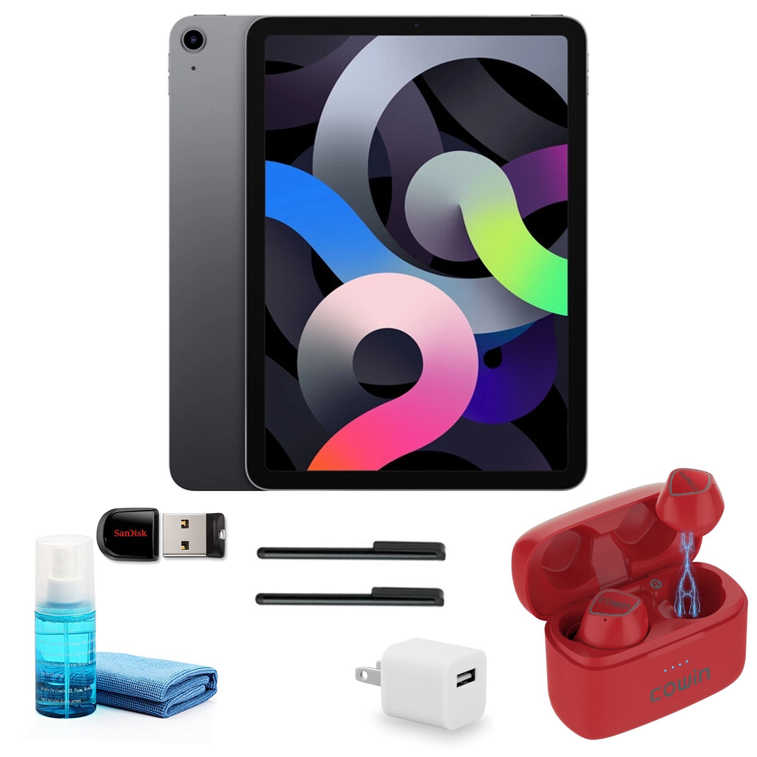 Apple iPad Air 10.9 Inch (64GB, Space Gray) with Red Wireless Earbuds and more