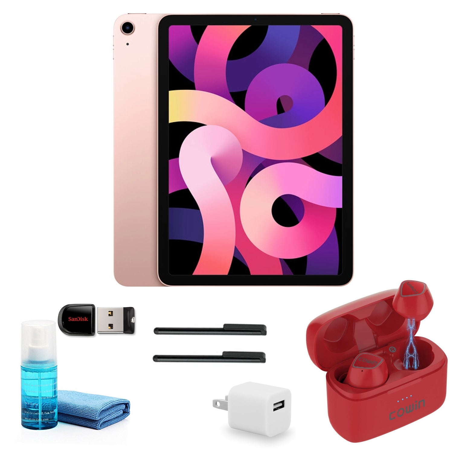 Apple iPad Air 10.9 Inch (64GB, Rose Gold) with Red Wireless Earbuds and more