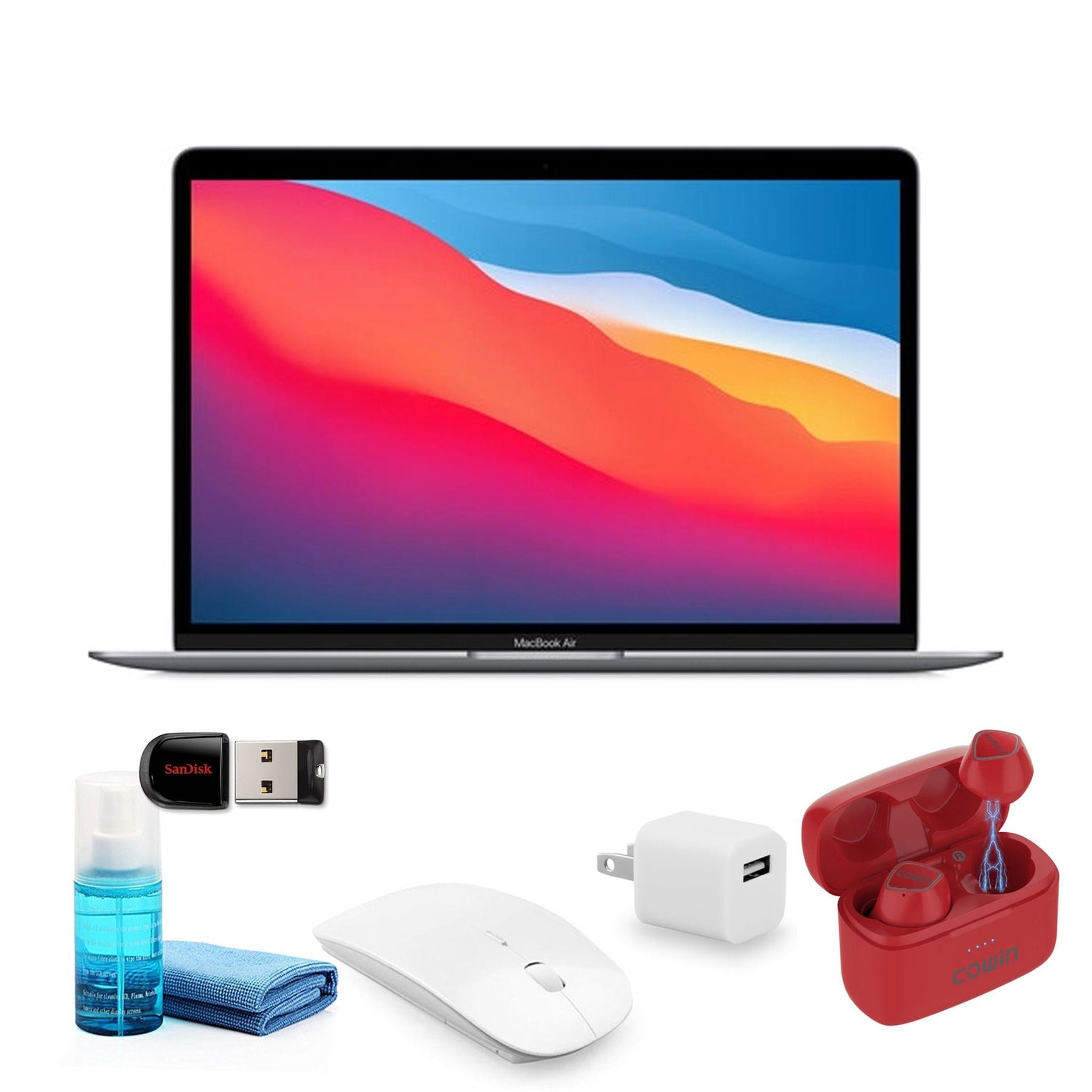 Apple MacBook Air M1 13 Inch Space Gray MGN63LL/A - with Red Earbuds and more Apple