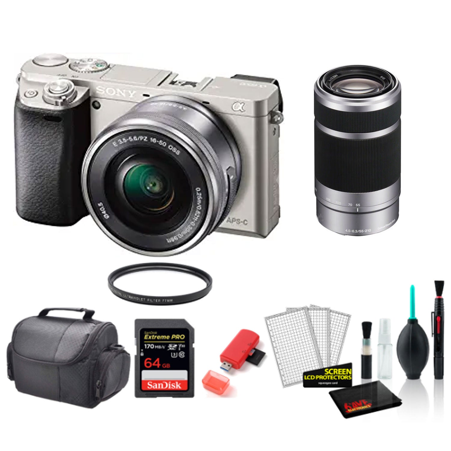 Sony Alpha a6000 Mirrorless Digital Camera with 16-50mm + 55-210mm Lenses (SILVER) with 64GB Memory Card -International Model Bundle