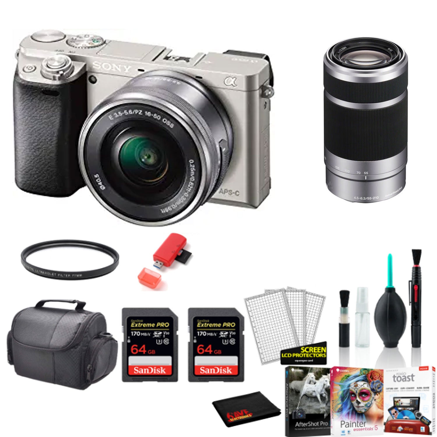 Sony Alpha a6000 Mirrorless Digital Camera with 16-50mm + 55-210mm Lenses (SILVER) with 2x 64GB Memory Card -International Model Bundle