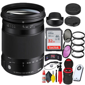 Sigma 18-300mm f/3.5-6.3 DC Macro OS HSM Contemporary Lens for Nikon F + 32GB SD Card Bundle Sigma