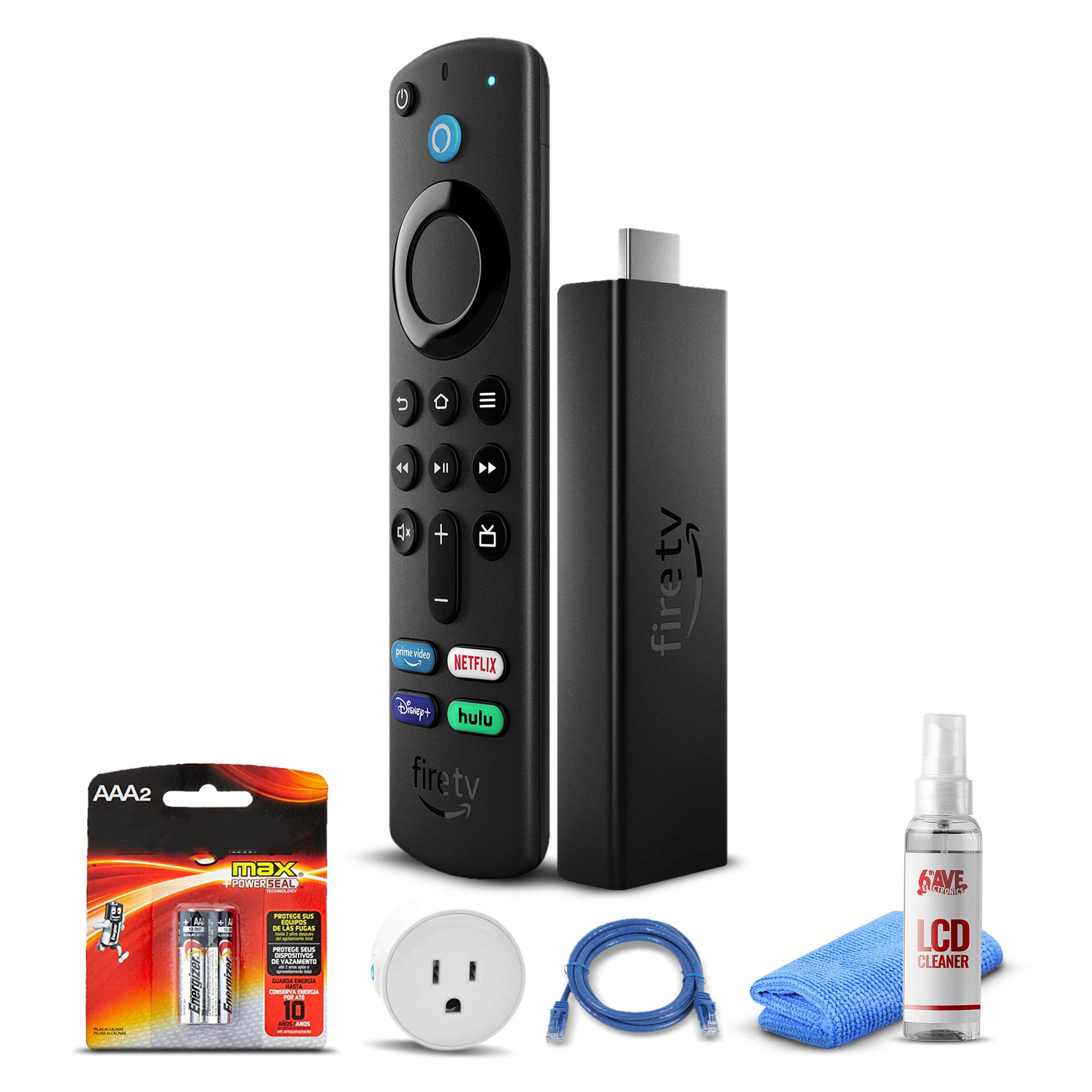 Amazon Fire TV Stick 4K (2021) + Smart Plug + Cat5 Cable + Batteries