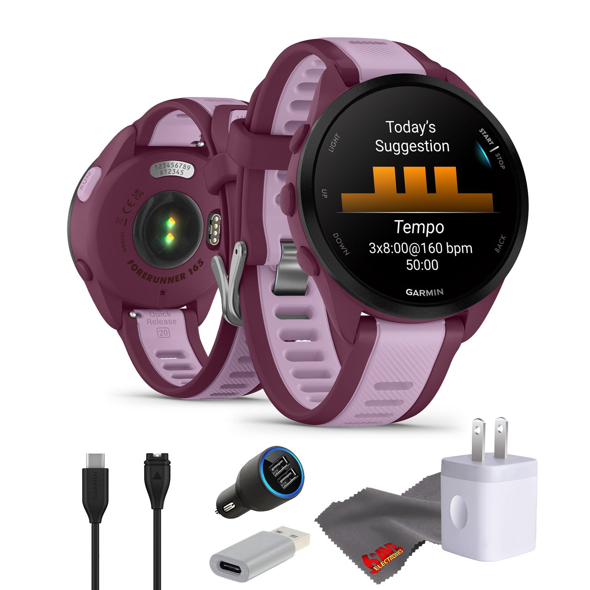 Garmin Forerunner 165 Music GPS Running Smartwatch Bundle - Berry/Lilac