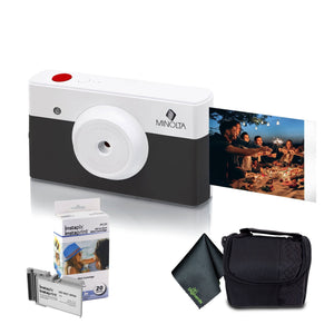 Minolta Instapix Print Camera with Printer Charcoal , Camera Bag, Diginerds Microfiber Cleaning Cloth, Instapix 2 pack Instaprint mini Cartridges 20 Photo Print , Bundle Minolta