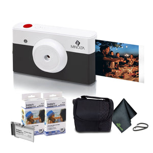 Minolta Instapix Print Camera with Printer Charcoal , Camera Bag, Diginerds Microfiber Cleaning Cloth, 2x Instapix 2 pack Instaprint mini Cartridges 20 Photo Print , Bundle Minolta