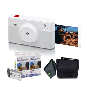 Minolta Instapix Print Camera with Printer Gray , Camera Bag, Diginerds Microfiber Cleaning Cloth, 2x Instapix 2 pack Instaprint mini Cartridges 20 Photo Print , Bundle Minolta