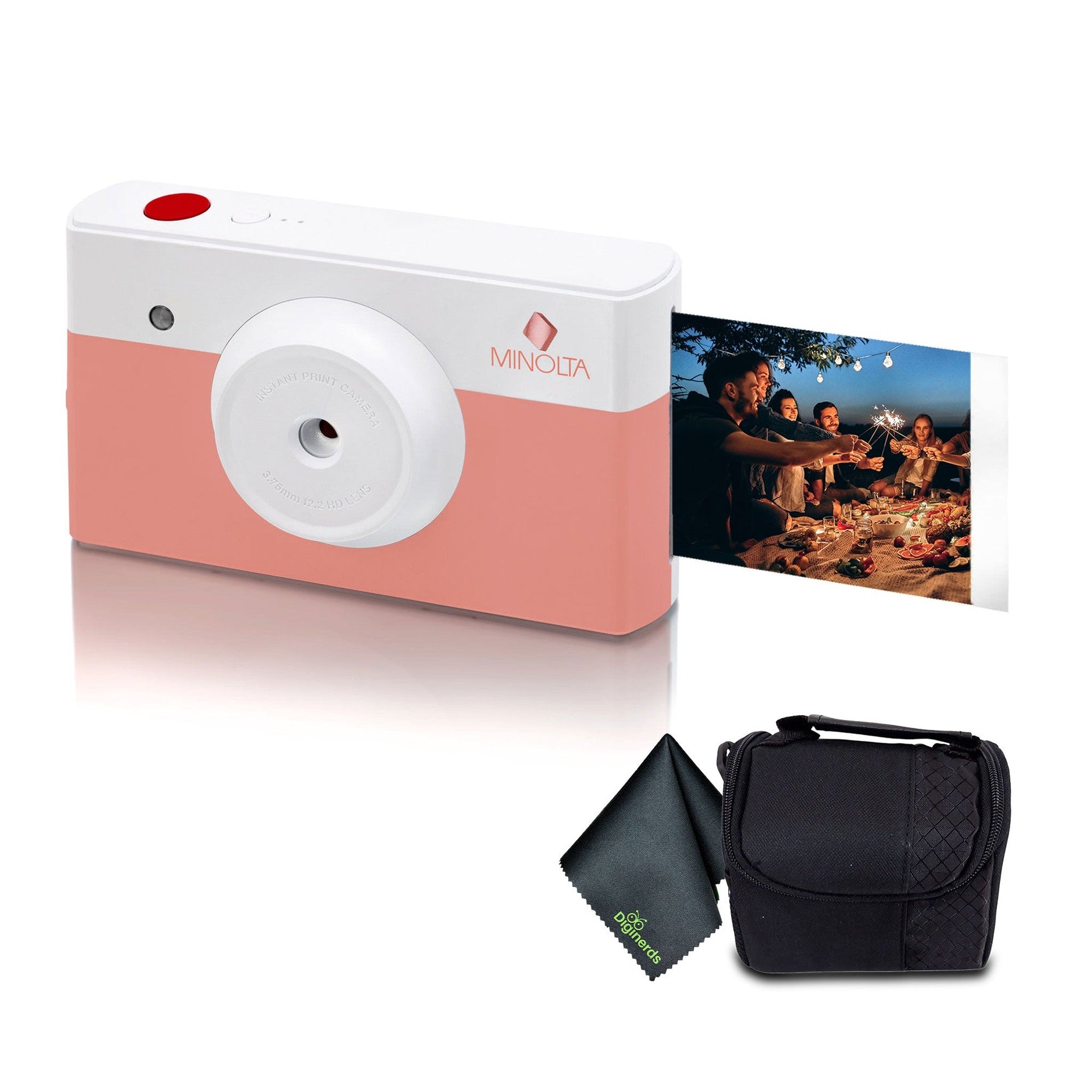 Minolta Instapix Print Camera with Printer Coral Pink , Camera Bag, Diginerds Microfiber Cleaning Cloth, Bundle Minolta