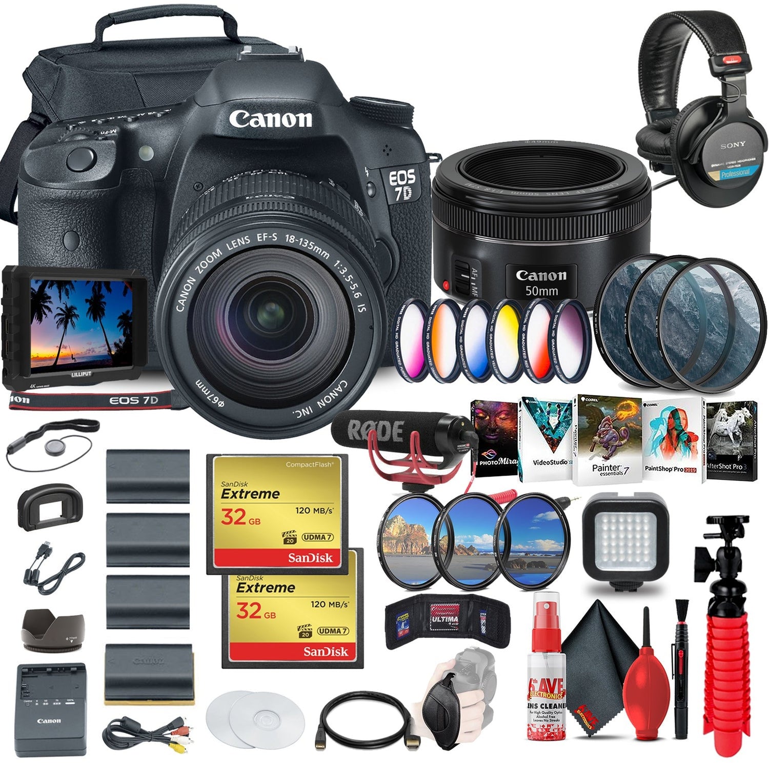 Canon EOS 7D DSLR Camera with 18-135mm Kit (3814B016) + 4K Monitor + Canon EF 50