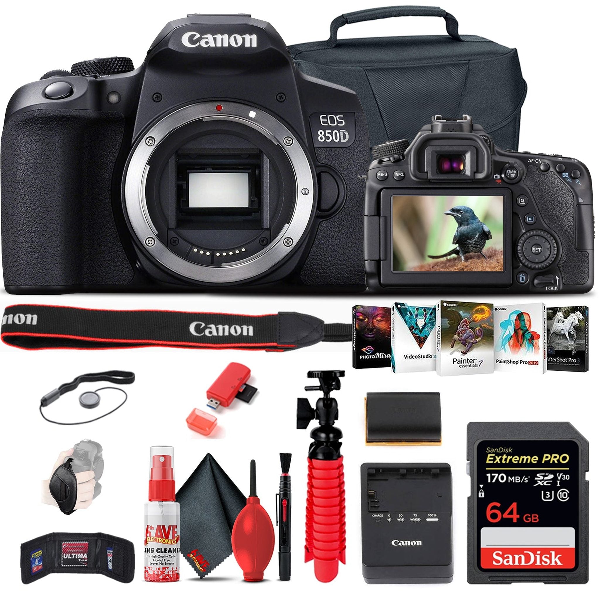 Canon EOS Rebel 850D / T8i DSLR Camera + 64GB Memory Card + Case + More Canon Intl.
