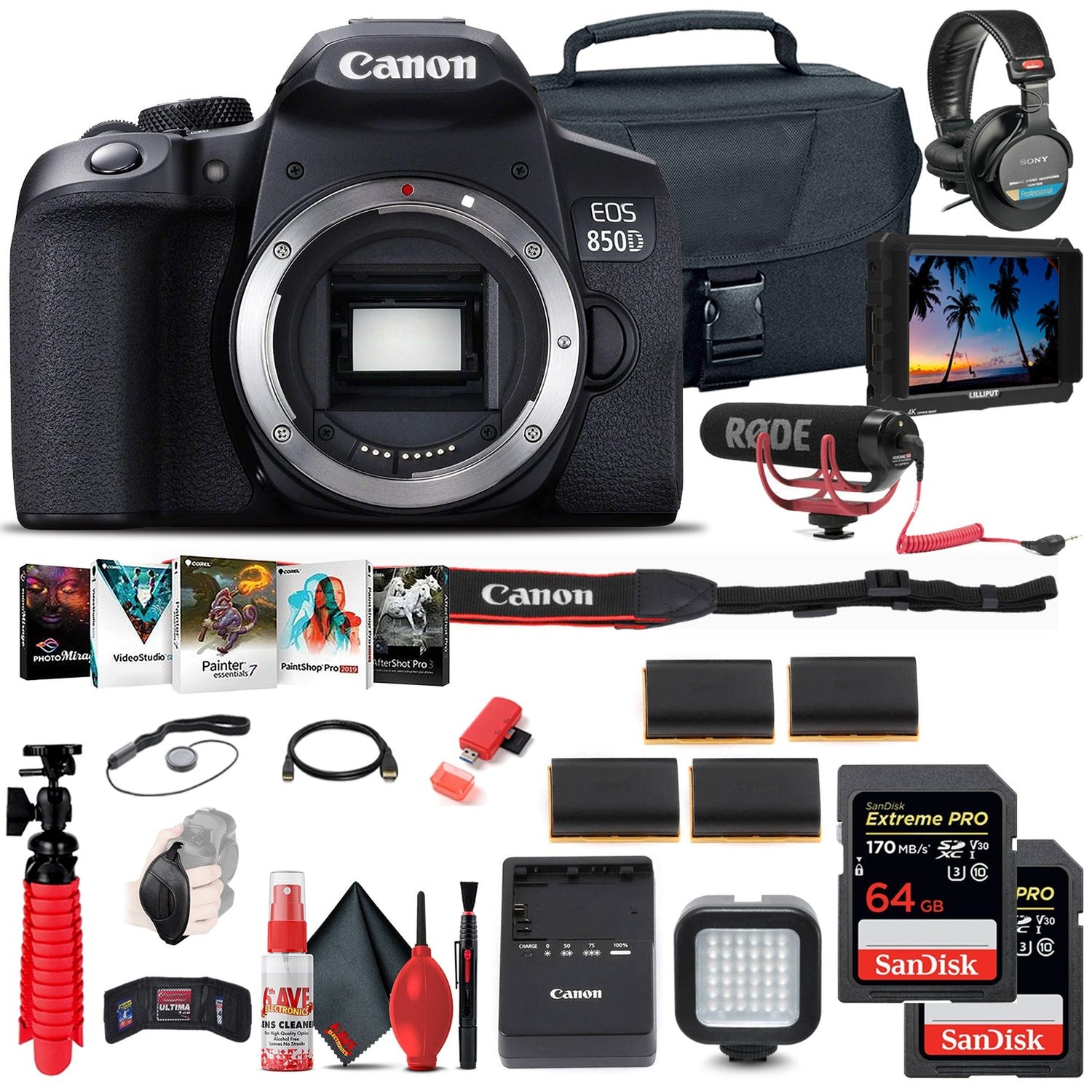 Canon EOS Rebel 850D / T8i DSLR Camera (Body Only) + 4K Monitor + Mic + More