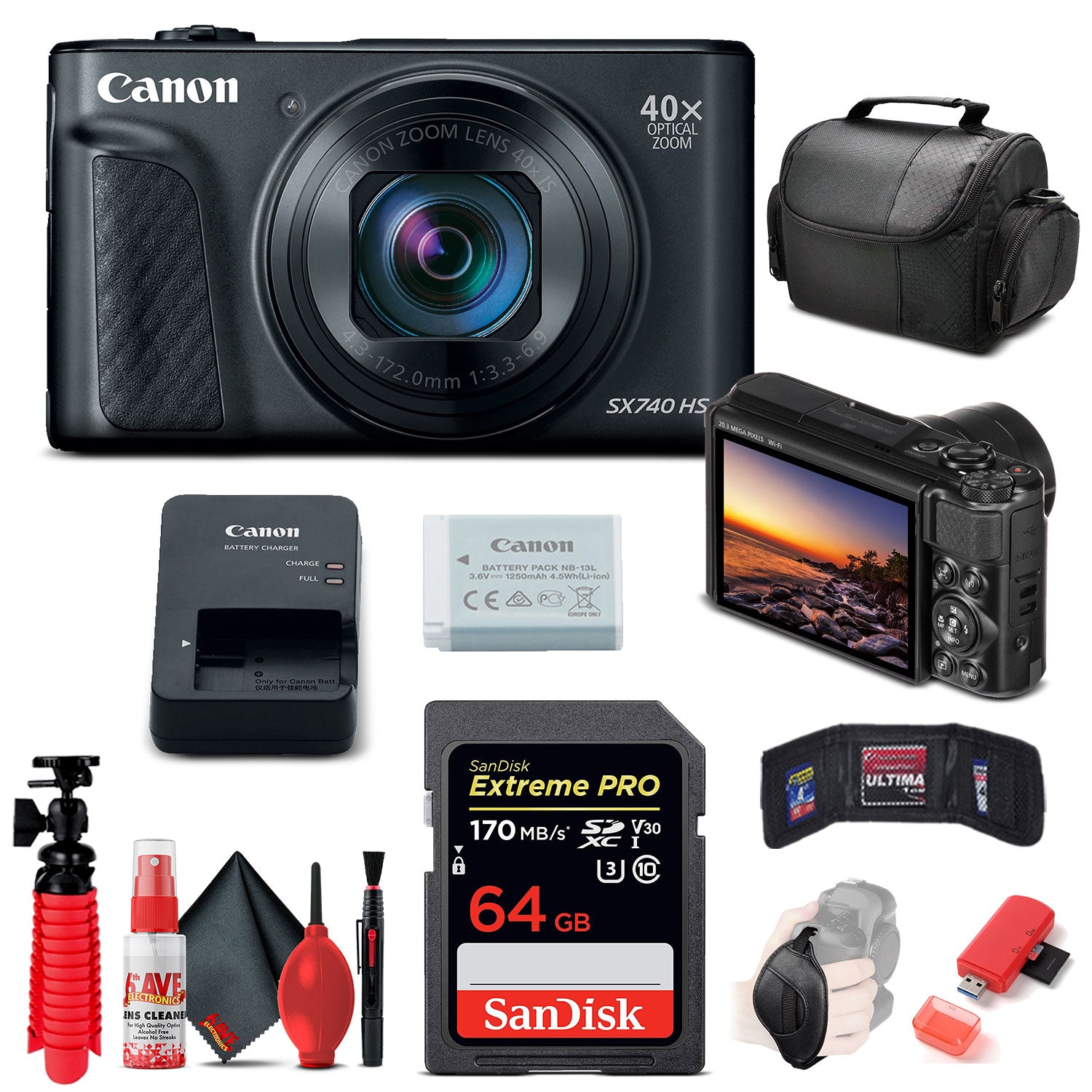 Canon PowerShot SX740 HS Digital Camera (Black) (2955C001) + 64GB Card