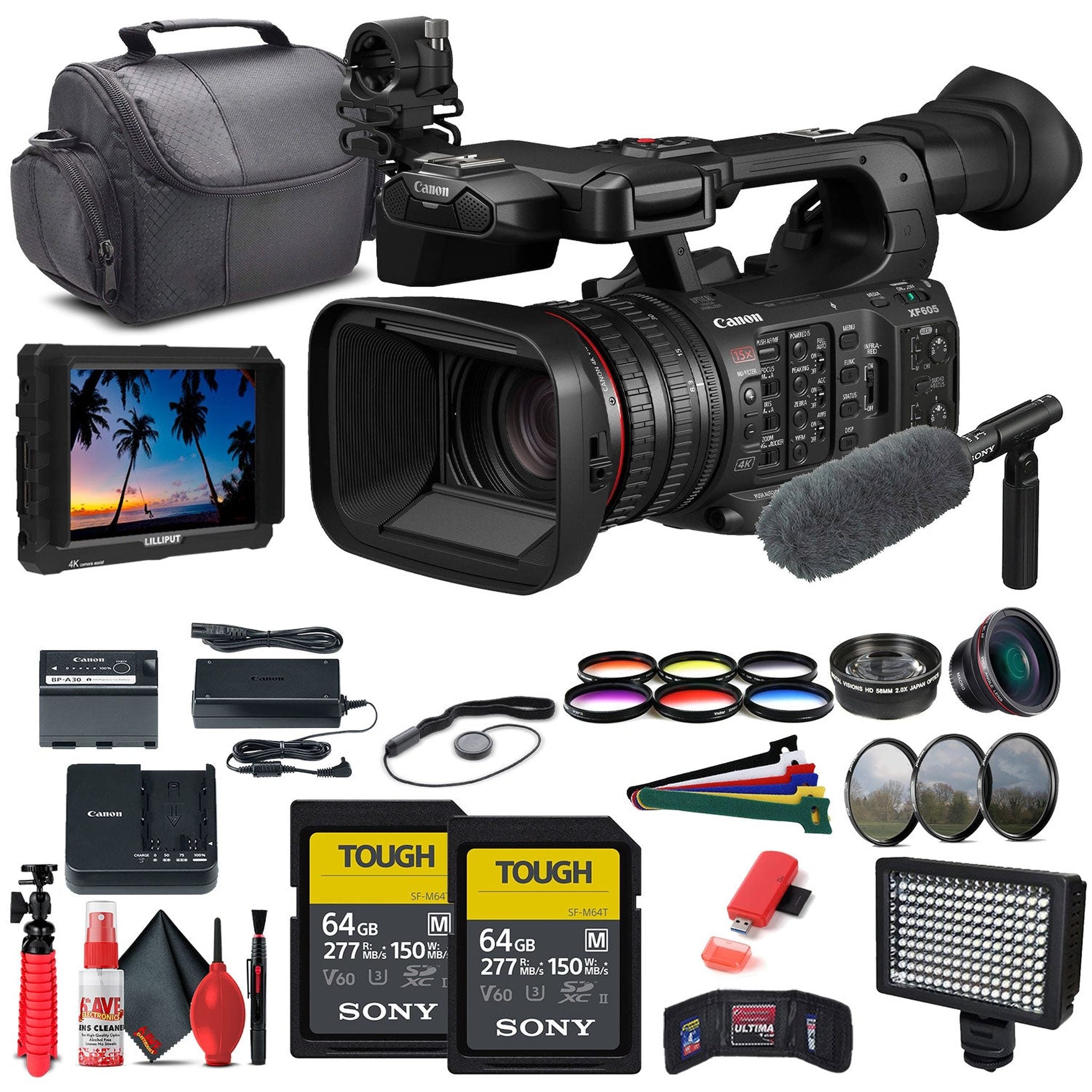 Canon XF605 UHD 4K HDR Pro Camcorder 5076C002 + 4K Monitor + Mic + More Bundle Canon