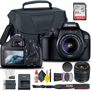 Canon EOS 4000D / Rebel T100 DSLR Camera with 18-55mm Lens + Creative Filter Set, EOS Camera Bag + Sandisk Ultra 64GB Card + Electronics Cleaning Set, And More International Model - Used Canon